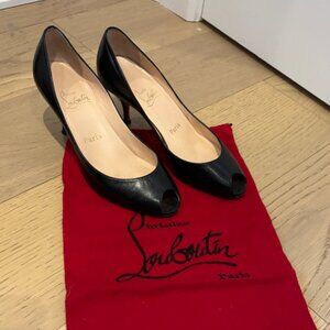 Christian Louboutin Black Leather Peep Toe Heels 38 with Dust Bag
